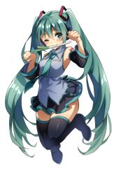 Rule 34 | 1girl, ;d, absurdres, anime coloring, aqua necktie, black thighhighs, blouse, boots, full body, green eyes, green hair, grey shirt, hatsune miku, highres, miniskirt, natsuki iori, necktie, one eye closed, onion, open mouth, shirt, shoulder tattoo, skirt, sleeveless, sleeveless shirt, smile, solo, spring onion, tattoo, thigh boots, thighhighs, twintails, vocaloid, white background