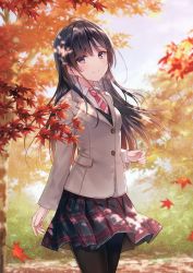 Rule 34 | 1girl, absurdres, autumn leaves, black hair, black pantyhose, blazer, blush, brown eyes, brown shirt, buttons, closed mouth, day, fingernails, fukahire (ruinon), hair ornament, hairclip, highres, jacket, leaf, long hair, long sleeves, looking at viewer, necktie, original, outdoors, pantyhose, plaid, plaid skirt, pleated skirt, scan, shirt, skirt, smile, solo, tree, wind
