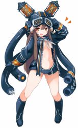 Rule 34 | 10s, 1girl, :d, arm up, black footwear, black gloves, black hat, black hoodie, blush, boots, breasts, brown eyes, brown hair, cable, commentary request, full body, gloves, goggles, goggles on headwear, grey neckerchief, hair between eyes, hat, highres, hood, hoodie, iona (last period), karukan (monjya), knee boots, last period, long hair, long sleeves, looking at viewer, medium breasts, naked hoodie, navel, neckerchief, open clothes, open hoodie, open mouth, simple background, smile, solo, standing, unzipped, very long hair, white background