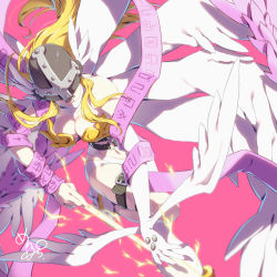 Rule 34 | 1girl, akeru, angel wings, angewomon, asymmetrical clothes, asymmetrical footwear, asymmetrical legwear, bare shoulders, belt, blonde hair, boots, breasts, cleavage, clothing cutout, commentary request, covered eyes, digimoji, digimon, digimon (creature), elbow gloves, electricity, flying, full body, gloves, hagoromo, head wings, helmet, highres, holy ring, large breasts, long hair, lower teeth only, maplo, multiple wings, nail polish, navel, navel cutout, open mouth, pink background, ribbon, shawl, sidelocks, signature, simple background, single elbow glove, solo, teeth, thigh strap, uneven footwear, uneven legwear, white footwear, wings, wrist wings