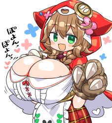 Rule 34 | 1girl, :3, :d, animal hands, apron, blush stickers, braid, breasts, brown hair, bursting breasts, checkered clothes, checkered skirt, cleavage, commentary request, flower, gloves, green eyes, huge breasts, kanikama, low twin braids, nijisanji, open mouth, paw gloves, pleated skirt, red hood, red skirt, skirt, smile, solo, translation request, twin braids, virtual youtuber, warabeda meijii