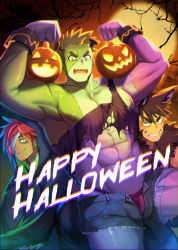 Rule 34 | 3boys, abs, animal ears, bandage over one eye, bara, bare pectorals, black tank top, bulge, colored skin, feet out of frame, frankenstein&#039;s monster, frown, full moon, green skin, halloween, halloween costume, happy halloween, highres, jack-o&#039;-lantern, large pectorals, looking at viewer, male focus, male underwear, male underwear peek, mature male, moon, multiple boys, muscular, muscular male, navel, nipples, open fly, original, pectorals, red male underwear, sharp teeth, shirt, short hair, sideburns, stomach, tail, tank top, teeth, thick eyebrows, thick thighs, thighs, torn clothes, torn shirt, tree, underwear, waku (ayamix), wolf boy, wolf ears, wolf tail