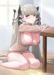 Rule 34 | 1girl, azur lane, barefoot, breasts, cleavage, cleavage cutout, clothing cutout, commentary request, crystal shoujo, dress, formidable (azur lane), grey hair, hair ribbon, highres, indoors, large breasts, leaning on object, long hair, long sleeves, looking at viewer, parted lips, red eyes, ribbon, sitting, solo, sweater, sweater dress, table, thighs, twintails, two-tone ribbon, very long hair, wariza, window