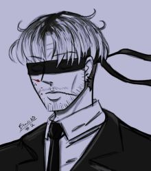 Rule 34 | 1boy, blindfold, blood, blood on clothes, blood on face, chainsaw man, covered eyes, curtained hair, earrings, facial hair, formal, highres, jewelry, kishibe (chainsaw man), messy hair, old, old man, portrait, scar, scar on face, simple background, sketch, solo, stubble, suit, white background, white hair