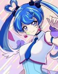 Rule 34 | 1girl, arm strap, blue angel, blue bow, blue choker, blue eyes, blue hair, blue necktie, bow, choker, closed mouth, earrings, hair bow, heart, heart earrings, highres, jewelry, long hair, looking at viewer, necktie, raijin-bh, smile, solo, twintails, upper body, wing collar, wrist cuffs, yu-gi-oh!, yu-gi-oh! vrains