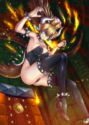 Rule 34 | 1girl, adsouto, anklet, armlet, artist name, ass, bare shoulders, black footwear, black legwear, black nails, blonde hair, blue eyes, blue gemstone, blush, bowsette, bracelet, breasts, breath weapon, breathing fire, brick wall, castle, claw pose, cleavage, collar, collarbone, covered erect nipples, crown, door, dutch angle, earrings, embers, falling, fire, fishnet legwear, fishnets, floating hair, from below, from side, full body, gem, glowing, glowing eyes, hands up, high heels, highleg, highleg leotard, highres, hip bones, horns, jewelry, large breasts, leotard, light trail, lizard tail, long hair, looking down, mario (series), nail polish, new super mario bros. u deluxe, nintendo, open mouth, parted bangs, pointy ears, puffy nipples, sharp teeth, shoes, sideboob, sidelocks, spiked anklet, spiked armlet, spiked bracelet, spiked collar, spiked shell, spiked tail, spiked thighlet, spikes, strapless, strapless leotard, super crown, tail, teeth, thick eyebrows, thighlet, turtle shell, v-shaped eyebrows