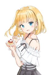 Rule 34 | 1girl, absurdres, black ribbon, black skirt, blonde hair, blue eyes, blush, bob cut, cherry, collarbone, cup, dress, drop earrings, earrings, food, frilled dress, frills, fruit, hands up, heart, heart earrings, highres, holding, holding cup, hololive, hololive english, jewelry, looking at viewer, open mouth, pudding, ribbon, short hair, short sleeves, skirt, skywalk, smile, solo, virtual youtuber, watson amelia, white background, white dress, yellow nails