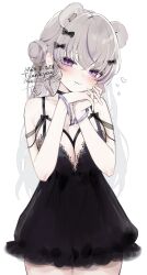 Rule 34 | 1girl, :3, absurdres, animal ears, bare shoulders, bear ears, black bow, black dress, blush, bow, breasts, choker, cleavage, closed mouth, cowboy shot, cuffs, double bun, dress, grey hair, hair bow, hair bun, handcuffs, heart, highres, indie virtual youtuber, large breasts, lingerie, long hair, looking at viewer, minami tette, multicolored hair, negligee, own hands together, purple eyes, purple hair, signature, simple background, solo, streaked hair, tamafurin, underwear, white background