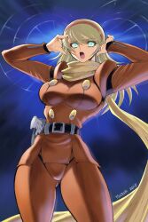 Rule 34 | 1girl, belt, blonde hair, blue eyes, breasts, commentary request, cyborg, cyborg 009, francoise arnoul, gun, hairband, highres, kasaki yoshihiko, long hair, looking at viewer, open mouth, scarf, skin tight, solo, thighs, weapon, yellow scarf