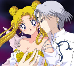 Rule 34 | 1990s (style), 1boy, 1girl, bad hands, bishoujo senshi sailor moon, bishoujo senshi sailor moon r, blonde hair, blush, grabbing another&#039;s breast, breasts, cleavage, collarbone, double bun, dress, earrings, eiri (moonlit cherry), eyebrows, facial mark, forehead mark, grabbing, hetero, jewelry, long hair, open mouth, prince, prince demande, purple eyes, retro artstyle, silver hair, tsukino usagi, twintails, white dress