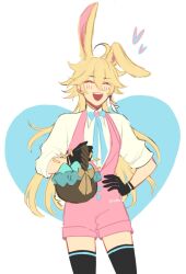 Rule 34 | 1boy, aether (genshin impact), ahoge, aqua bow, black gloves, black thighhighs, blonde hair, blush, bow, closed eyes, earrings, easter, easter egg, egg, extra ears, floppy ears, genshin impact, gloves, hair down, heart, highres, jewelry, long hair, male focus, open mouth, pink shorts, pink vest, shirt, shorts, smile, solo, thighhighs, vest, white shirt, youn (enden)