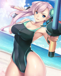 Rule 34 | 1girl, asymmetrical hair, bare shoulders, beach, black one-piece swimsuit, blue eyes, blue one-piece swimsuit, blue sky, blush, breasts, bun cover, cleavage, collarbone, competition swimsuit, fate/grand order, fate (series), hair bun, highleg, highleg swimsuit, large breasts, long hair, looking at viewer, miyamoto musashi (fate), miyamoto musashi (fate/grand order), miyamoto musashi (swimsuit berserker) (fate), miyamoto musashi (swimsuit berserker) (first ascension) (fate), ocean, one-piece swimsuit, pink hair, side bun, single hair bun, single side bun, sky, smile, swept bangs, swimsuit, thighs, toy sword, yuhji