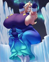 Rule 34 | 1girl, absurdres, armpits, arms up, aurora, blonde hair, blue dress, blue eyes, blue gloves, breasts, crown, dotil, dress, elbow gloves, fat, gloves, gradient clothes, hair over one eye, high heels, highres, huge breasts, ice, lips, long hair, looking at viewer, mario (series), mario kart, mario kart tour, night, night sky, nintendo, rosalina, rosalina (aurora), sideboob, sitting, sky, sleeveless, solo, thick thighs, thighs, veins, veiny breasts