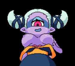 Rule 34 | 1girl, akai (ugokashitari), animated, animated gif, blinking, bouncing breasts, breasts, colored skin, cyclops, from below, fuumin (youkai watch), large breasts, looking at viewer, monster girl, nipples, one-eyed, pink eyes, pixel art, pointy ears, purple skin, solo, topless, traditional youkai, transparent background, youkai watch