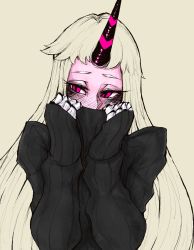 Rule 34 | 1girl, absurdres, abyssal ship, black sweater, blush, breasts, claws, clothes lift, colored skin, covered mouth, dress, highres, horns, kantai collection, large breasts, long hair, mittens, pale skin, red eyes, retro artstyle, ribbed dress, ribbed sweater, seaport princess, single horn, solo, sweater, turtleneck, turtleneck sweater, uni (oni unicorn), very long hair, white hair, white skin