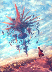 Rule 34 | 1girl, absurdres, black hair, blunt bangs, breasts, closed mouth, cloud, cloudy sky, commentary request, day, dress, falling leaves, floating city, floating island, floating rock, grass, highres, leaf, long hair, looking at viewer, looking back, original, outdoors, path, red dress, red footwear, road, sakimori (hououbds), scenery, shoes, sky, small breasts, smile, solo, standing, wide shot