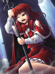 Rule 34 | 1girl, cape, crying, crying with eyes open, female focus, koto tsubane, okazaki yumemi, open mouth, phantasmagoria of dim.dream, red eyes, red hair, short hair, skirt, skirt set, solo, staff, tears, torn clothes, touhou, touhou (pc-98), wince, wink