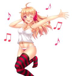 Rule 34 | 1girl, ;d, ahoge, armpits, artist self-insert, bare shoulders, beamed quavers, beats by dr. dre, black thighhighs, blonde hair, blush, breasts, camisole, cleavage, collarbone, colored eyelashes, crop top, dancing, groin, hand on headphones, happy, headphones, heart, heart-shaped pupils, highres, leg up, long hair, multicolored eyes, musical note, navel, nottytiffy, one eye closed, open mouth, orange eyes, original, outstretched arm, panties, purple eyes, quaver, red eyes, red panties, red thighhighs, shirt, simple background, sleeveless, smile, solo, striped clothes, striped panties, striped thighhighs, symbol-shaped pupils, tank top, thighhighs, tiffy (nottytiffy), underwear, underwear only, white background, white panties, white shirt