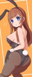 Rule 34 | .live, 1girl, animal ears, ass, black leotard, blue eyes, breasts, brown hair, brown pantyhose, earrings, fake animal ears, fake tail, gloves, highres, jewelry, kakyouin chieri, large breasts, leotard, long hair, looking at viewer, looking back, pantyhose, playboy bunny, rabbit ears, rabbit tail, solo, symbol-shaped pupils, tail, virtual youtuber, willow tofu, wrist cuffs