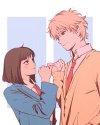 Rule 34 | 1boy, 1girl, blazer, blonde hair, blue background, blue jacket, blush, bob cut, brown eyes, brown hair, cardigan, closed mouth, commentary, cowlick, dress shirt, eye contact, height difference, iwakura mitsumi, jacket, light smile, long sleeves, looking at another, looking down, looking up, messy hair, moshimoshibe, necktie, parted lips, pinky swear, red necktie, school uniform, shima sousuke, shirt, short hair, skip to loafer, sleeves past wrists, smile, upper body, upturned eyes, white background, white shirt, yellow cardigan