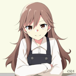 Rule 34 | 1girl, arashio (kancolle), arashio kai ni (kancolle), artist name, brown eyes, brown hair, commentary request, crossed arms, dress, kantai collection, long hair, long sleeves, looking at viewer, moti coi, one-hour drawing challenge, pinafore dress, shirt, sleeveless, sleeveless dress, smile, solo, upper body, white shirt