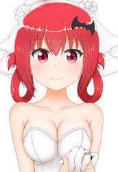 Rule 34 | 1girl, absurdres, bare shoulders, bat hair ornament, blush, breasts, bridal veil, cleavage, dress, eyelashes, flower, gabriel dropout, gloves, grabbing another&#039;s hand, hair between eyes, hair ornament, highres, jewelry, looking at viewer, medium breasts, poa mellhen, pov, red eyes, red hair, ring, rose, satanichia kurumizawa mcdowell, simple background, smile, upper body, veil, wedding dress, wedding ring, white background, white dress, white flower, white gloves, white rose