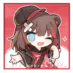 Rule 34 | 1girl, ;d, animal ears, arknights, bandaid, bandaid on head, baseball cap, bear ears, bear girl, black hat, blue eyes, border, brown hair, brown jacket, casual, chibi, clenched teeth, crossed bandaids, earbuds, earphones, hat, jacket, long hair, official alternate costume, one eye closed, open clothes, open jacket, open mouth, outstretched hand, red background, red hair, red shirt, renren, shirt, simple background, sleeves past elbows, smile, solo, teeth, upper body, white border, zima (arknights), zima (ursus) (arknights)