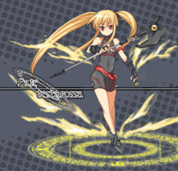 Rule 34 | 00s, 1girl, arm strap, armor, axe, bardiche (assault form) (nanoha), bardiche (nanoha), bare shoulders, belt, belt bra, belt skirt, blonde hair, bodysuit, breasts, buckle, character name, covered navel, expressionless, fate testarossa, fate testarossa (sonic form), fingerless gloves, full body, gauntlets, gloves, glowing, greaves, grey background, hair ribbon, halftone, halftone background, halterneck, holding, holding weapon, long hair, looking at viewer, lyrical nanoha, magic circle, magical girl, mahou shoujo lyrical nanoha, mahou shoujo lyrical nanoha a&#039;s, polearm, red eyes, regu (reg95), ribbon, runes, sidelocks, small breasts, solo, turtleneck, twintails, unitard, very long hair, weapon