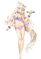 Rule 34 | 1girl, :3, :d, animal ear fluff, animal ears, bare legs, bare shoulders, barefoot, black scrunchie, blue eyes, bra, breasts, cake, cat ears, cat girl, cat tail, cheesecake, cleavage, cleavage cutout, clothing cutout, coconut (nekopara), collarbone, commentary request, cup, food, frilled bra, frilled panties, frills, full body, fumina, groin, head tilt, heterochromia, highres, holding, holding tray, legs, lingerie, long hair, looking at viewer, medium breasts, navel, nekopara, open mouth, panties, platinum blonde hair, purple bra, purple panties, scrunchie, side-tie panties, simple background, smile, solo, stomach, tail, thigh gap, tray, underwear, underwear only, very long hair, white background, wrist scrunchie, yellow eyes