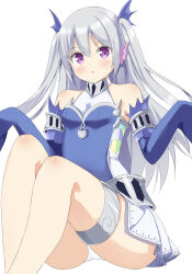 1girl bare_shoulders blush breasts commentary detached_sleeves duel_monster fish_girl grey_hair gununu_elf highres lock looking_at_viewer medium_breasts open_mouth panties purple_eyes simple_background sleeves_past_wrists solo tearlaments_scheiren thigh_strap tiara twintails underwear white_background white_panties yu-gi-oh!