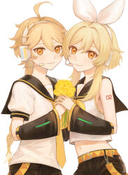 Rule 34 | 1boy, 1girl, absurdres, aether (genshin impact), ahoge, blonde hair, brother and sister, closed mouth, commentary request, cosplay, crop top, detached sleeves, flower, hairband, headphones, headset, highres, holding, holding flower, holding hands, kagamine len, kagamine len (cosplay), kagamine rin, kagamine rin (cosplay), kumo955, looking at viewer, lumine (genshin impact), midriff, navel, neckerchief, necktie, orange eyes, shirt, siblings, smile, stomach, vocaloid, white hairband, white shirt, yellow flower, yellow necktie
