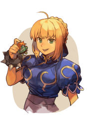 Rule 34 | 1girl, artoria pendragon (all), artoria pendragon (fate), blonde hair, bracelet, braid, braided bun, breasts, capcom, chun-li, chun-li (cosplay), cosplay, fate/stay night, fate (series), green eyes, hair bun, hand up, holding, hungry clicker, jewelry, looking at viewer, medium breasts, open mouth, puffy short sleeves, puffy sleeves, saber (fate), short sleeves, single hair bun, smile, solo, spiked bracelet, spikes, street fighter, upper body