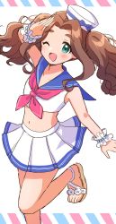 Rule 34 | 1girl, ;d, absurdres, blush, brown hair, crop top, forehead, highres, idolmaster, idolmaster cinderella girls, kahiika, kusakabe wakaba, looking at viewer, neckerchief, one eye closed, open mouth, parted bangs, red neckerchief, sailor collar, sailor shirt, salute, sandals, shirt, sidelocks, smile, solo, standing, standing on one leg, thick eyebrows, twintails, wavy hair, wrist cuffs