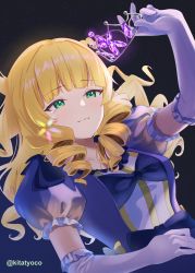 Rule 34 | 1girl, alternate costume, blonde hair, blush, bow, breasts, collarbone, crystal, drill hair, elbow gloves, gem, gloves, heanna sumire, highres, hime cut, holding, kitatyoco, long hair, love live!, love live! superstar!!, medium breasts, nonfiction!! (love live!), signature, solo, star (symbol), starry background, teardrop, tears, tiara, yellow eyes