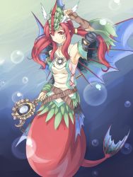 Rule 34 | 1girl, belt, bubble, duel monster, evigishki merrowgeist, highres, long hair, mermaid, monster girl, normaland, red eyes, red hair, solo, staff, twintails, yu-gi-oh!, yu-gi-oh! duel monsters