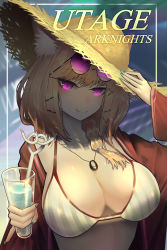 Rule 34 | 1girl, absurdres, animal ear fluff, animal ears, aqua nails, arknights, bielin, bikini, blonde hair, braid, breasts, character name, commentary, copyright name, cup, drinking glass, drinking straw, eyewear on head, hand on headwear, hand up, hat, highres, holding, holding cup, jacket, jewelry, large breasts, long sleeves, looking at viewer, nail polish, necklace, official alternate costume, open clothes, open jacket, purple eyes, red jacket, short hair, side braid, single braid, smile, solo, striped bikini, striped clothes, sun hat, sunglasses, sunglasses on head, swimsuit, swimsuit cover-up, upper body, utage (arknights), utage (summer flowers) (arknights), vertical-striped bikini, vertical-striped clothes