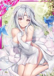 Rule 34 | 1girl, akkijin, bare shoulders, bird, breasts, bridal veil, cleavage, clover (flower), dress, flower, gloves, jewelry, lawn, looking at viewer, medium breasts, necklace, official art, oracle (shinkai no valkyrie), orange eyes, outdoors, seiza, shinkai no valkyrie, silver hair, sitting, tiara, veil, wedding dress, white gloves