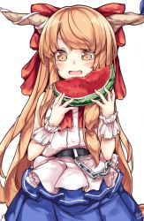 Rule 34 | 1girl, :d, bad id, bad pixiv id, blue skirt, bow, brown eyes, brown hair, chain, cowboy shot, food, fruit, hair bow, highres, horn ornament, horn ribbon, horns, ibuki suika, long hair, looking at viewer, maremay0513, name connection, open mouth, red bow, ribbon, shirt, skirt, sleeveless, sleeveless shirt, smile, solo, touhou, very long hair, watermelon, white shirt, wrist cuffs