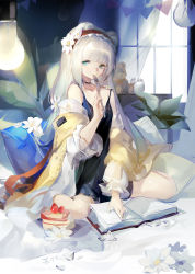 Rule 34 | 1girl, absurdres, alternate costume, animal ears, arknights, bear ears, bear girl, bed, bed sheet, blue eyes, book, cake, cake slice, flower, food, fruit, hairband, highres, istina (arknights), knife in mouth, monocle, pillow, ruoganzhao, solo, strawberry, stuffed animal, stuffed toy, teddy bear, white hair, window
