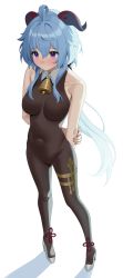 Rule 34 | 1girl, absurdres, ahoge, arms behind back, bare arms, bell, black legwear, blue hair, blush, bodystocking, bodysuit, breasts, covered navel, full body, ganyu (genshin impact), genshin impact, groin, high heels, highres, holding own arm, horns, leavv, long hair, looking away, medium breasts, neck bell, no gloves, purple eyes, sidelocks, sleeveless, solo, standing, thighlet, thighs, white background