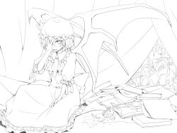 Rule 34 | 1girl, barefoot, bat wings, book, cross, cup, drinking glass, glass, greyscale, hand on own face, hat, lineart, monochrome, remilia scarlet, short hair, sitting, smile, solo, tokikane mikan, touhou, wine glass, wings