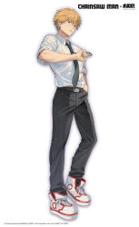 Rule 34 | 1boy, black necktie, black pants, blonde hair, chainsaw man, collared shirt, crossover, denji (chainsaw man), floating neckwear, formal, full body, goddess of victory: nikke, highres, long sleeves, looking at viewer, necktie, official art, pants, pull cord, shirt, shirt tucked in, short hair, standing, white shirt, yellow eyes