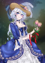 Rule 34 | 1girl, absurdres, blue brooch, blue choker, blue dress, blue eyes, blue gemstone, blue hair, choker, closed mouth, commentary, dress, drop-shaped pupils, earrings, english commentary, flower, frilled choker, frilled dress, frilled sleeves, frills, furina (genshin impact), gem, genshin impact, hair between eyes, hat, hat feather, hat flower, highres, holding, holding flower, holding ribbon, jewelry, light blue hair, long hair, long sleeves, looking at viewer, mismatched pupils, multicolored hair, odiolio, pink flower, red ribbon, ribbon, smile, solo, streaked hair, symbol-shaped pupils, top hat, white hair