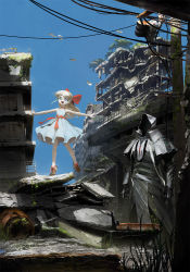 Rule 34 | 1girl, blonde hair, blue eyes, blue sky, bow, cloak, commentary request, day, dress, hair bow, hood, hood up, hooded cloak, long sleeves, neck ribbon, open mouth, original, outstretched arms, ponytail, power lines, ribbon, robe, rubble, ruins, sage (mami1210), footwear bow, shoes, sky, sleeveless, sleeveless dress, sleeves past wrists, smile, spread arms, tiptoes, utility pole, white dress