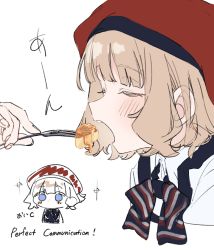 Rule 34 | 1girl, absurdres, beret, black bow, black bowtie, blue eyes, blunt bangs, blush, bow, bowtie, chibi, chibi inset, close-up, closed eyes, collared shirt, cropped shoulders, cropped torso, eating, english text, feeding, film grain, food, fork, from side, hat, highres, holding, holding fork, honey, idolmaster, idolmaster million live!, light brown hair, meeeeeeco359, multiple views, no mouth, open mouth, out of frame, pancake, profile, red headwear, round teeth, shirt, short hair, simple background, sparkle, striped bow, striped bowtie, striped clothes, suou momoko, syrup, teeth, u u, uniform series (idolmaster), upper body, upper teeth only, wavy hair, white background, white shirt, winged arms, wings