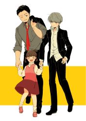 Rule 34 | 1girl, 2boys, :d, absurdres, bad id, bad pixiv id, black hair, black jacket, black pants, brown hair, child, closed eyes, collared shirt, doujima nanako, doujima ryoutarou, dress, dress shirt, facial hair, father and daughter, full body, grey eyes, grey hair, grey shirt, hand on own hip, highres, holding hands, jacket, jacket over shoulder, unworn jacket, long sleeves, multiple boys, narukami yuu, necktie, one eye closed, open clothes, open jacket, open mouth, pants, persona, persona 4, pink footwear, red neckwear, school uniform, shirt, shoes, short hair, short twintails, smile, socks, standing, stubble, sweater, twintails, white legwear, white shirt, white sweater, wing collar, yasogami school uniform, yasuu!, |d
