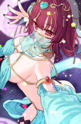 Rule 34 | 1girl, :d, alternate costume, arabian clothes, atelier (series), atelier sophie, bare shoulders, black nails, blue mask, blue sleeves, breast curtains, breasts, commentary request, dancer, dancing, detached sleeves, fingernails, gem, highres, jewelry, large breasts, light particles, looking at viewer, mask, mouth mask, nail polish, open mouth, red eyes, red gemstone, red hair, ryuuno6, see-through, see-through mask, short hair, smile, solo, sophie neuenmuller, veil
