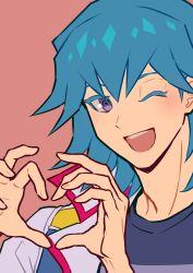 Rule 34 | 1boy, absurdres, blue hair, blue shirt, bruno (yu-gi-oh!), flat color, happy, heart, heart hands, highres, jacket, male focus, one eye closed, open clothes, open jacket, open mouth, pink background, purple eyes, shirt, simple background, smile, solo, t-shirt, upper body, white jacket, youko-shima, yu-gi-oh!, yu-gi-oh! 5d&#039;s