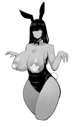 Rule 34 | 1girl, breasts, breasts out, covered eyes, dark skin, fujou joshi, greyscale, huge breasts, leotard, lips, monochrome, neckly (fujou joshi), pasties, playboy bunny, rabbit ears, solo, star pasties, topless