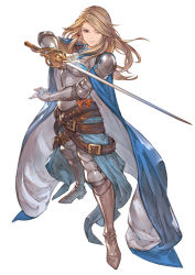 Rule 34 | 1girl, armor, armored boots, belt, boobplate, boots, breastplate, brown hair, cape, closed mouth, earrings, full body, gauntlets, granblue fantasy, granblue fantasy versus, highres, holding, holding sword, holding weapon, jewelry, katalina (granblue fantasy), lips, long hair, minaba hideo, official art, one eye closed, pauldrons, ribbon, sheath, shoulder armor, simple background, smile, solo, standing, sword, weapon, white background